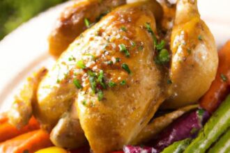 Golden Roast Chicken with Vibrant Garden Vegetables Delight