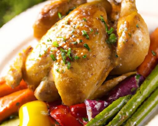 Golden Roast Chicken with Vibrant Garden Vegetables Delight