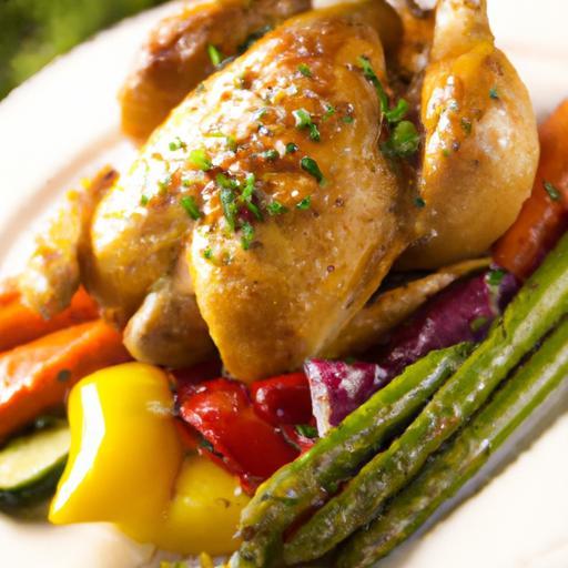 Golden Roast Chicken with Vibrant Garden Vegetables Delight